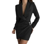2023 Otoño Mujer Blazer Vestido Elegante Manga Larga con Cuello En V Hebilla Frente Vestido Ajustado Oficina Dama Ropa De Trabajo Vestido Delgado Vestidos-Negro-XL