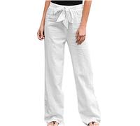 2023 Pantalones Mujer Pantalón Largo algodón y Lino Moda Suelto Bolsillo Rectos Pantalón Original cordón Cintura Alta Casual Fiesta Elegante Primavera Verano Ligeros Playa Cómodo Pantalones