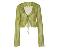2023 Sommer Holz Ohr Lace Up Tiefem V-Ausschnitt Langarm Transparent Top Damenhemd 3, Verde, L