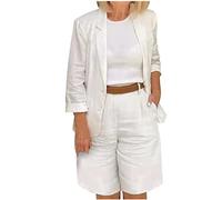 2023 Traje de 2 Piezas Mujer Moda Blazer y Pantalones corto Algodón Lino Otoño Primavera Talla grande Suelto Oficina Negocios Elegante Fiesta Casual color sólido Traje Chaqueta cómodo Conjunto