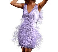 2023 Vestidos Corto Mujer Moda Lentejuelas Flecos Vestido de Noche Cóctel Vestir sin Manga Fiesta Sexy Cuello en V Color sólido Elegante Verano Slim Fit Mini Club Vestido Latino