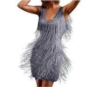 2023 Vestidos Corto Mujer Moda Lentejuelas Flecos Vestido de Noche Cóctel Vestir sin Manga Fiesta Sexy Cuello en V Color sólido Elegante Verano Slim Fit Mini Club Vestido Latino