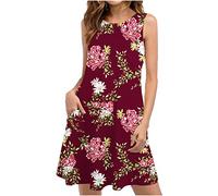 2023 Vestidos Corto sin Manga Mujer, Moda Fiesta Verano Basic Vestidos Color sólido Casual Cuello Redondo Elegante Vestido de Noche Cóctel Suelto Chaleco Bolsillos Playa Vacaciones Talla Grande