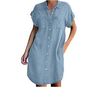 2023 Vestidos Corto Vaqueros Mujer, Colores sólidos Fiesta Vestido de Noche Denim Mezclilla Camisa Cuello en V Manga Corta Elegante Verano Suelto Casual Vestido Bolsillos Mini Vestir Vacaciones