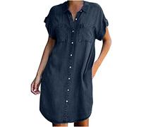 2023 Vestidos Corto Vaqueros Mujer, Colores sólidos Fiesta Vestido de Noche Denim Mezclilla Camisa Cuello en V Manga Corta Elegante Verano Suelto Casual Vestido Bolsillos Mini Vestir Vacaciones