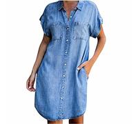 2023 Vestidos Corto Vaqueros Mujer, Colores sólidos Fiesta Vestido de Noche Denim Mezclilla Camisa Cuello en V Manga Corta Elegante Verano Suelto Casual Vestido Bolsillos Mini Vestir Vacaciones