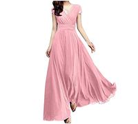 2023 Vestidos Largo para Mujer Moda Verano Color sólido Fiesta Gasa Vestido de Noche Cuello en V Manga Corta Elegante Vestidos de Cóctel Extra Larga Casual Vestido Novia Boda Vestir