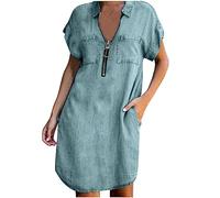 2023 Vestidos Vaquera Corto Mujer Moda Vestido Camisa Blusa Verano Casual Cuello en V Fiesta Manga Corta Elegante Suelto Denim Mezclilla Vestido de Noche Vestir cómodo Playa Vacaciones