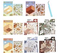 2024 4 Sets DIY 3D House Stickers, 8 Themes DIY Stickers Scene Make Your Own Supermarket|Coffee Shop|Restaurant|Bookstore, Fun Cute Korean 3d Stickers for Adult Kid (All-8Set)