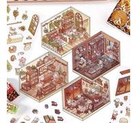 2024 4 Sets DIY 3D House Stickers, 8 Themes DIY Stickers Scene Make Your Own Supermarket|Coffee Shop|Restaurant|Bookstore, Fun Cute Korean 3d Stickers for Adult Kid (4 themes 1.0)