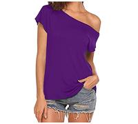 2024 AI - Camiseta de manga corta con top irregular y hombros descubiertos para mujer Camiseta Mejor, morado, L