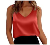 2024 AI - Camiseta de tirantes de satén para mujer, corte holgado, sin mangas, cuello en V, blusas, pequeño top de una blusa, rojo, XXL