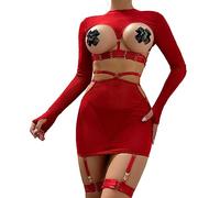 2024 AI - Conjunto de 5 piezas de Lencería Divertida para Mujer, Top de Manga Larga Personalizado de Encaje Hueco Sexy con Anillos de Pierna Vinilo Sexy, rojo, L
