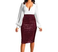2024 AI - Falda de tubo de mezclilla para mujer, de color sólido, con lentejuelas, cintura alta, delgada, casual, de medio cuerpo, falda de mezclilla, Vino, 40