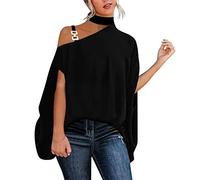2024 AI - Mujeres Casual Sólido Halter Cuello Botón Correa Hombro Frío Irregular Manga Corta Camisa Blusa Top Tee Short Blanco, Le Noir, S