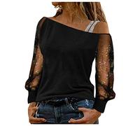2024 AI Mujeres Ligero Top Sexy Manga Larga Rhinestone Red Lentejuelas Fuera del Hombro Traje Casual Correa Camisas Blusa para la Fiesta Suéter de Manga Ancha, Le Noir, L