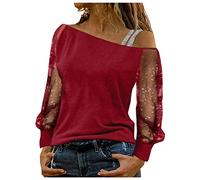 2024 AI Mujeres ligero Top Sexy manga larga Top Rhinestone Red Lentejuelas fuera del hombro Top Traje casual Correa Camisas Blusa para la fiesta Suéter de manga ancha, rojo, S