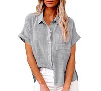 2024 AI - Verano Nuevas Señoras Blusas sueltas Algodón y Lino enrollado Manga Corta Botón Camisa Camiseta Top Encaje Tamaño Grande, gris, L