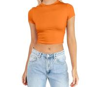 2024 AI - Womens Summer Short Sleeve Cute Crop Tops Casual Basic Crewneck Slim Fit Camisetas Top sin Mangas, naranja, S