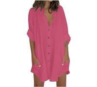 2024 Camisa de algodón y Lino para Mujer con Botones Manga Corta Cuello en V cómoda y Casual Size Roll Up Sleeve Oversized Trendy Tops Blusa con Botones para Primavera Verano Transpirable Bolsillos