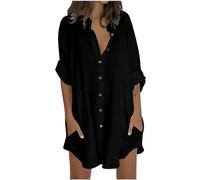 2024 Camisa de algodón y Lino para Mujer con Botones Manga Corta Cuello en V cómoda y Casual Size Roll Up Sleeve Oversized Trendy Tops Blusa con Botones para Primavera Verano Transpirable Bolsillos