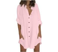 2024 Camisa de algodón y Lino para Mujer con Botones Manga Corta Cuello en V cómoda y Casual Size Roll Up Sleeve Oversized Trendy Tops Blusa con Botones para Primavera Verano Transpirable Bolsillos