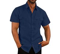 2024 Camisa de Lino Manga Corta para Hombre Camisas Informales de Verano Camisa Elegante Coton Camisas con Botónes Regular Fit Camisetas Hombre Color Sólido Shirts Casual Algodón Camisetas