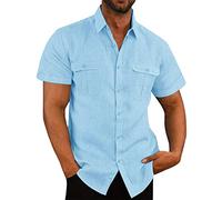 2024 Camisa de Lino Manga Corta para Hombre Camisas Informales de Verano Camisa Elegante Coton Camisas con Botónes Regular Fit Camisetas Hombre Color Sólido Shirts Casual Algodón Camisetas