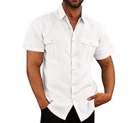 2024 Camisa de Lino Manga Corta para Hombre Camisas Informales de Verano Camisa Elegante Coton Camisas con Botónes Regular Fit Camisetas Hombre Color Sólido Shirts Casual Algodón Camisetas