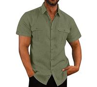 2024 Camisa de Manga Corta Hombre Algodón y Lino Camiseta Casual Color sólido Cuello Solapa Botones Verano Moda Original T-Shirt Suelto Fiesta Ligero Transpirable Tops Talla Grande tee Comodidad