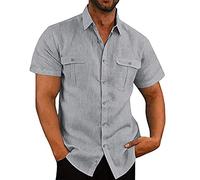 2024 Camisa de Manga Corta Hombre Algodón y Lino Camiseta Casual Color sólido Cuello Solapa Botones Verano Moda Original T-Shirt Suelto Fiesta Ligero Transpirable Tops Talla Grande tee Comodidad