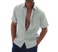 2024 Camisas Manga Corta Hombre, Verano Slim Fit Algodón y Lino Cuello en V Camisa Moda Casual T-Shirt Tallas Grandes Tops Blusa Originales de Vestir Básica Shirt Playa Vacaciones