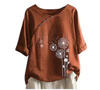 2024 Camiseta de Manga Corta Mujer Moda Algodón y Lino Camisa Blusa Diente de león impresión Cómodo Verano Suelto Cuello Redondo Tops Casual T-Shirt Original tee Talla Grande Transpirable