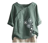 2024 Camiseta de Manga Corta Mujer Moda Algodón y Lino Camisa Blusa Diente de león impresión Cómodo Verano Suelto Cuello Redondo Tops Casual T-Shirt Original tee Talla Grande Transpirable