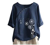 2024 Camiseta de Manga Corta Mujer Moda Algodón y Lino Camisa Blusa Diente de león impresión Cómodo Verano Suelto Cuello Redondo Tops Casual T-Shirt Original tee Talla Grande Transpirable Elegantes