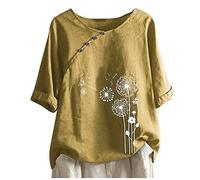 2024 Camiseta de Manga Corta Mujer Moda Algodón y Lino Camisa Blusa Diente de león impresión Cómodo Verano Suelto Cuello Redondo Tops Casual T-Shirt Original tee Talla Grande Transpirable Elegantes