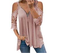 2024 Camiseta de Manga Corta Mujer Moda Color sólido Camisa un Hombro Verano Suelto Cuello en V Cremallera Túnica Tops Sexy Encaje Casual Fiesta T-Shirt Original Basic tee Camisetas Blusa