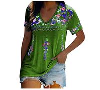 2024 Camiseta de Manga Corta Mujer Moda impresión Flores Estampado Camisa Verano Cuello en V Suelto Retro Boho Casual Tops Fiesta T-Shirt Original Basic tee Talla Grande Camisetas Blusa