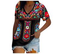 2024 Camiseta de Manga Corta Mujer Moda impresión Flores Estampado Camisa Verano Cuello en V Suelto Retro Boho Casual Tops Fiesta T-Shirt Original Basic tee Talla Grande Camisetas Blusa