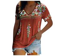 2024 Camiseta de Manga Corta Mujer Moda impresión Flores Estampado Camisa Verano Cuello en V Suelto Retro Boho Casual Tops Fiesta T-Shirt Original Basic tee Talla Grande Camisetas Blusa