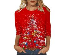 2024 Camiseta de Navidad para Mujer, Camiseta Casual con Gráfico de Copa de Vino Rojo, Tops de Manga 3/4 de Moda Tops de Cuello Redondo de Navidad, rojo, L