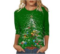 2024 Camiseta de Navidad para Mujer, Camiseta Casual con Gráfico de Copa de Vino Rojo, Tops de Manga 3/4 de Moda Tops de Cuello Redondo de Navidad, verde, L