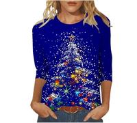 2024 Camiseta de Navidad para Mujer, Camiseta Casual con Gráfico de Copa de Vino Rojo, Tops de Manga 3/4 de Moda Tops de Cuello Redondo de Navidad, azul, S