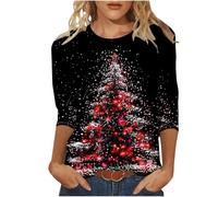 2024 Camiseta de Navidad para Mujer, Camiseta Casual con Gráfico de Copa de Vino Rojo, Tops de Manga 3/4 de Moda Tops de Cuello Redondo de Navidad, Vino, XXL