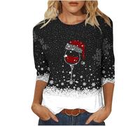 2024 Camiseta Navidad Mujer,Mis Pedidos Camisa Mujer Manga 3/4 con Cuello en Redondo Casual Pullover Adolescente con Estampado de Copa de Vino Tinto Ocio Ropa Navidad Talla Grande Regalos Navidad