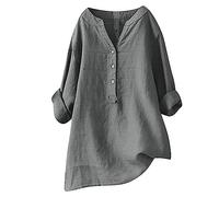 2024 Camisetas con Botones para Mujer Camisas de algodón y Lino con Cuello en V Manga Larga Color sólido holgadas Blusas largas para Mujer Talla Grande Color Liso Casual holgadas Tallas Transpirable