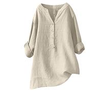 2024 Camisetas con Botones para Mujer Camisas de algodón y Lino con Cuello en V Manga Larga Color sólido holgadas Blusas largas para Mujer Talla Grande Color Liso Casual holgadas Tallas Transpirable