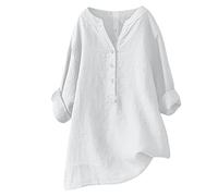 2024 Camisetas con Botones para Mujer Camisas de algodón y Lino con Cuello en V Manga Larga Color sólido holgadas Blusas largas para Mujer Talla Grande Color Liso Casual holgadas Tallas Transpirable