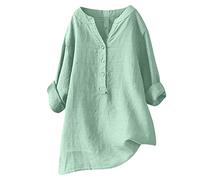 2024 Camisetas con Botones para Mujer Camisas de algodón y Lino con Cuello en V Manga Larga Color sólido holgadas Blusas largas para Mujer Talla Grande Color Liso Casual holgadas Tallas Transpirable