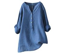 2024 Camisetas con Botones para Mujer Camisas de algodón y Lino con Cuello en V Manga Larga Color sólido holgadas Blusas largas para Mujer Talla Grande Color Liso Casual holgadas Tallas Transpirable